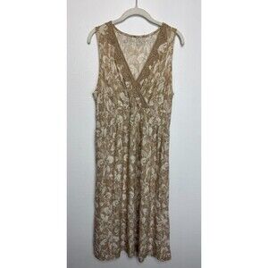 Charter Club Missy Large Floral Midi Dress Tan Crochet Lace Trim Sleeveless